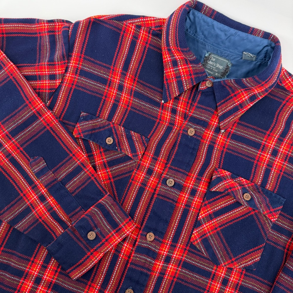Vintage JCPenney Flannel Shirt Mens XL-Tall Navy Red Plaid Acrylic Button Up